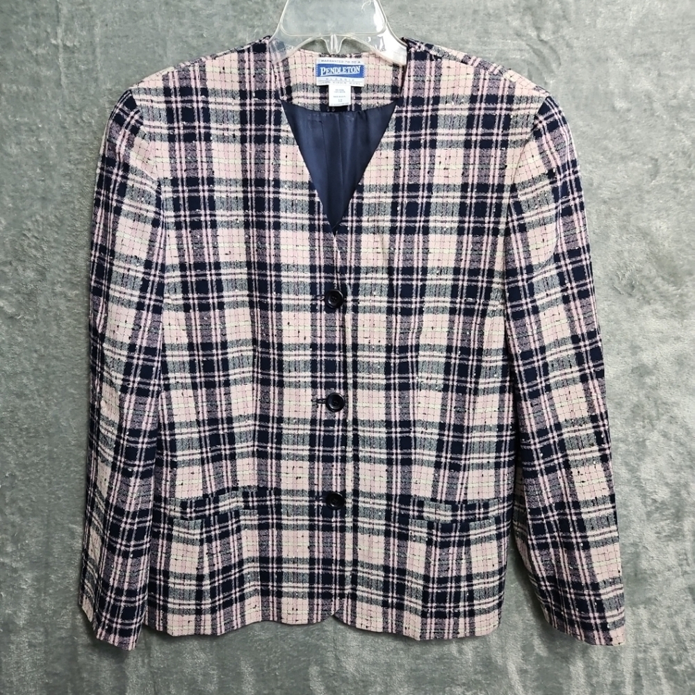 Pendleton Women's Sz 12 wool blazer pink blue plaid vneck